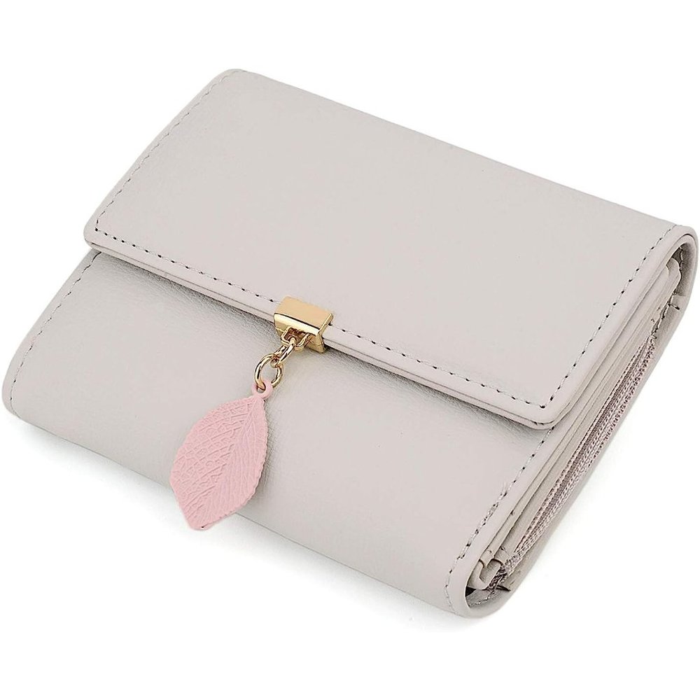 Wallet for Women Leather Vegan RFID Leaf Pendant Girls Cute Zipper Coin Purse